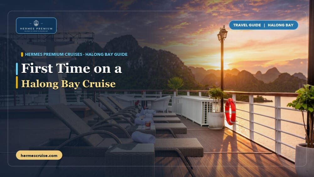 Hermes Premium Sundeck at sunset with loungers and a lifebuoy beside the rail and the guide title