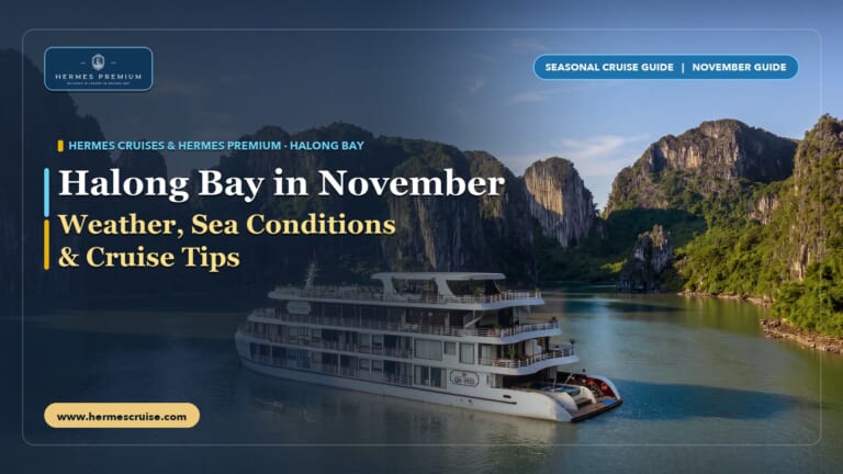 Hermes Premium Cruises sailing across calm emerald water in Halong Bay in November
