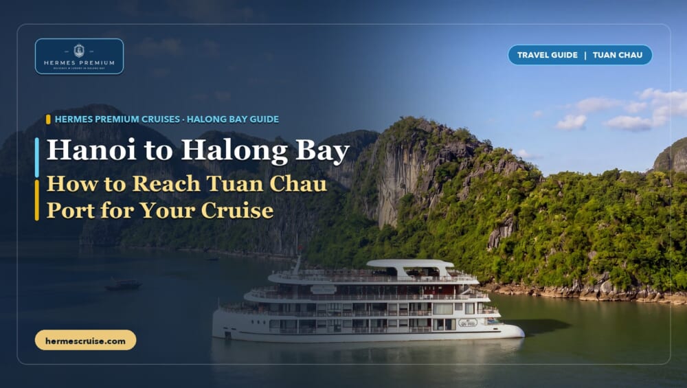 Hermes Premium cruise ship in Halong Bay with the Hanoi to Halong Bay transfer guide title