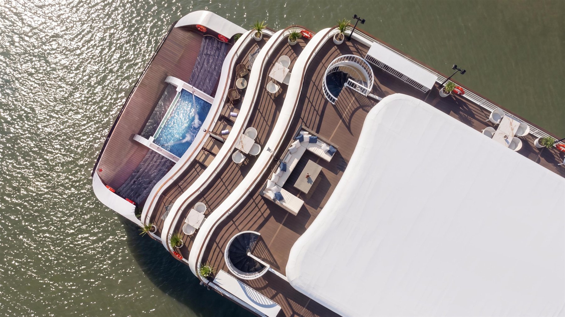 Aerial view of the Hermes Premium deck with its Infinity Pool and Sundeck seating