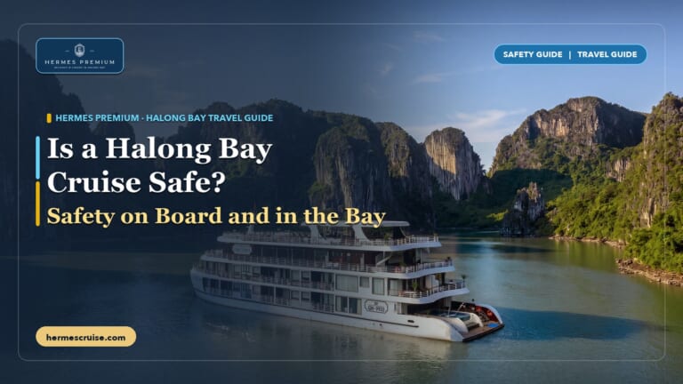 Hermes Premium sailing a calm channel between limestone islands, illustrating whether a Halong Bay cruise is safe