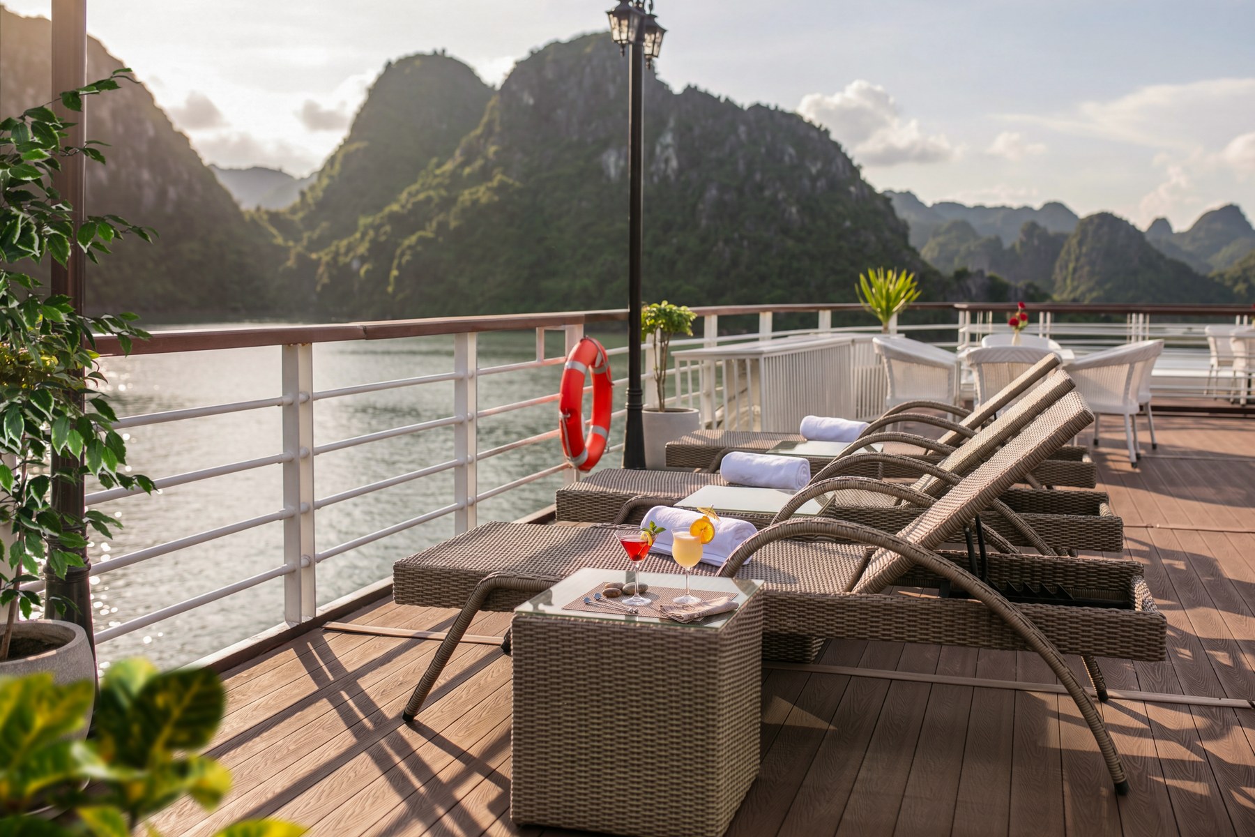 Lifebuoy on the Sundeck rail of Hermes Premium — is a Halong Bay cruise safe guide