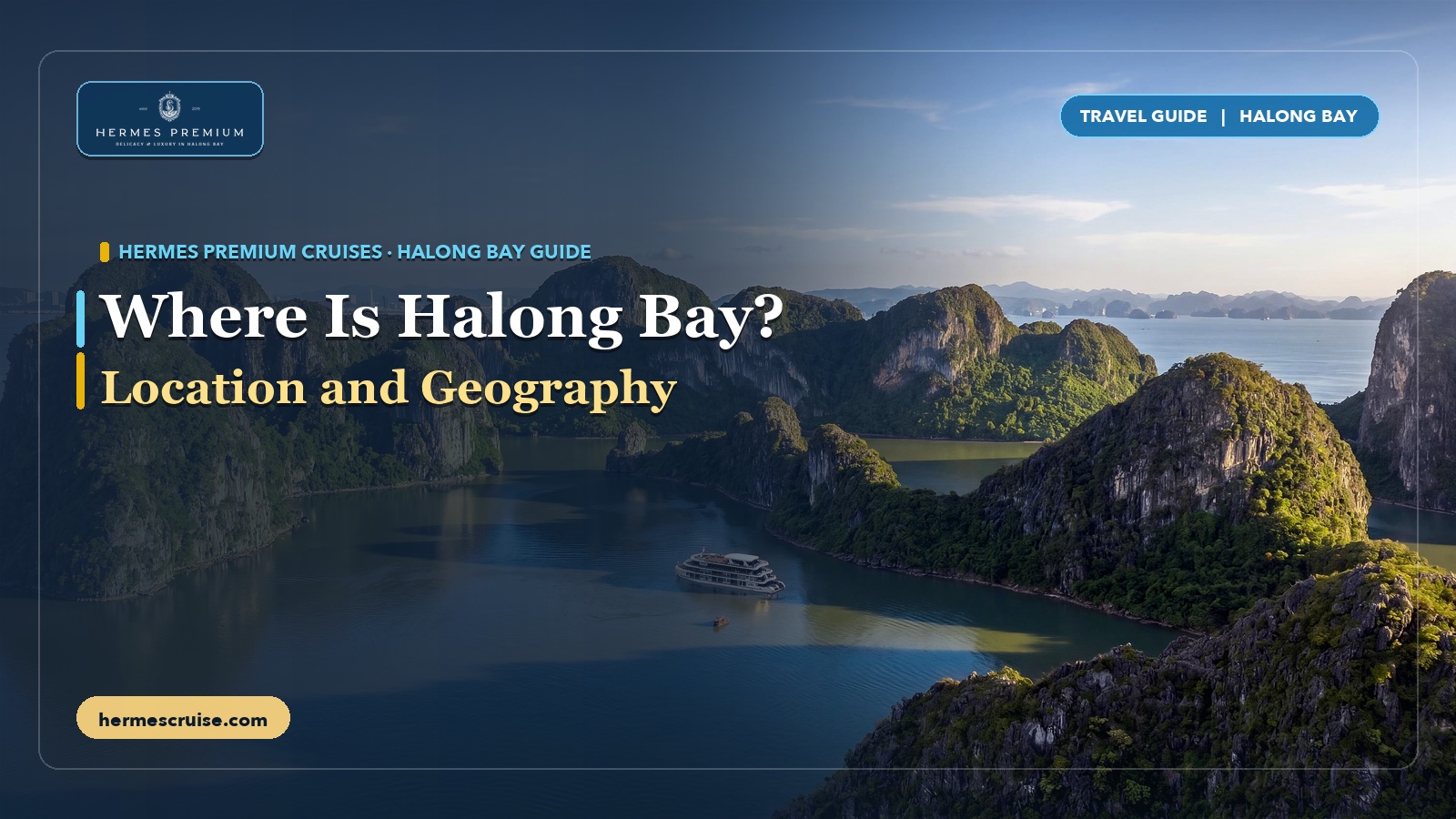 Aerial view of a cruise ship among limestone islands in Halong Bay with the guide title
